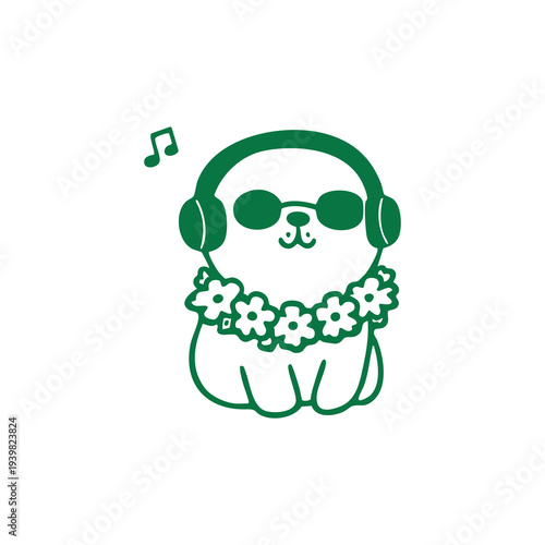 Cute Cartoon Dog Character Wearing Headphones and Flower Lei Listening to Music Isolated on White Background