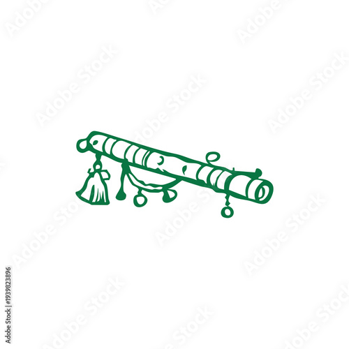 Elegant Green Bamboo Woodwind Musical Instrument with Tassels and Beads Isolated on White