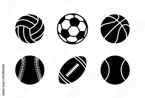 Sports Ball Icon Set. Collection of Popular Ball Sports Symbols in Modern Flat Solid Style Vector Illustration. Volleyball, football, basketball, softball, American football, tennis.