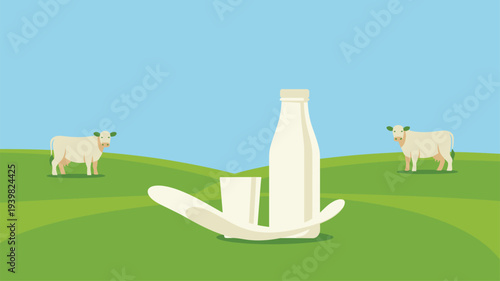 Milk bottle glass cows green hills