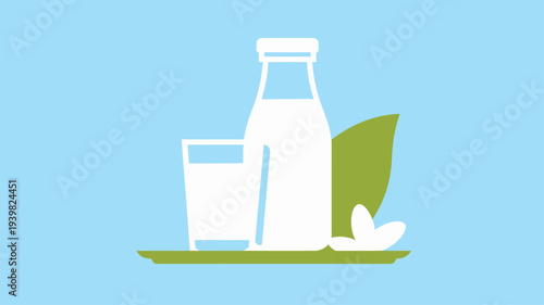 Milk bottle glass leaves healthy dairy product