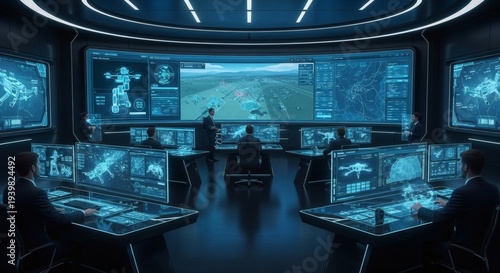 Futuristic ai control room with multiple monitors and operators working on computers in a high tech surveillance center