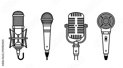 Set of four different microphones illustrated in black and white.