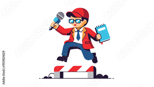 Determined cartoon reporter jumping over a hurdle with microphone and notebook, representing overcoming challenges in news or communication