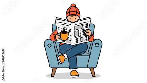 Person enjoying a warm drink and newspaper in a cozy armchair. Flat vector illustration of reading and relaxation.