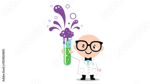Smiling Cartoon Scientist with Bubbling Test Tube Experiment - Whimsical Chemistry Illustration