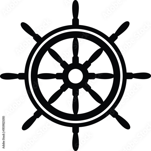 A black and white image of a ship's steering wheel