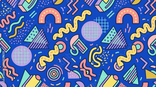 Vibrant 80s Memphis Style Geometric Pattern with Shapes and Colors.