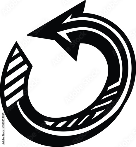 Stylized black circular arrow design element on transparent background silhouette
