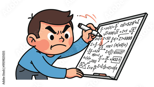Frustrated student struggles with complex math equations on a whiteboard. Stressful academic challenge and problem-solving difficulty.