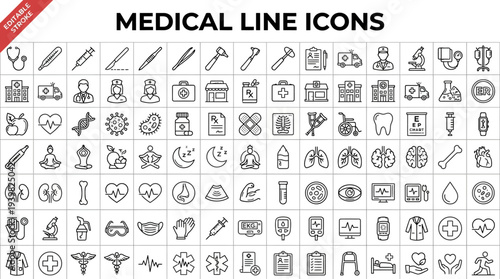 Collection of various medical line icons for healthcare and wellness.