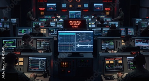 Ultra realistic control room with multiple monitors displaying data and operators working in a dark environment with emergency message alert
