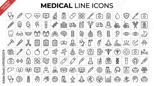 Collection of simple medical line icons for healthcare and wellness.