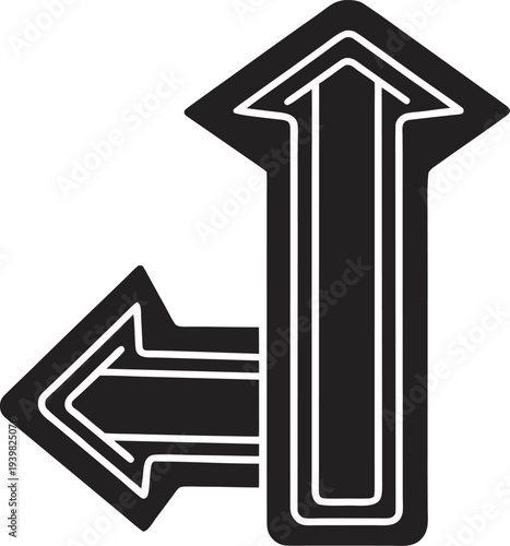 Two arrows pointing up and left a bold graphic silhouette on transparent background