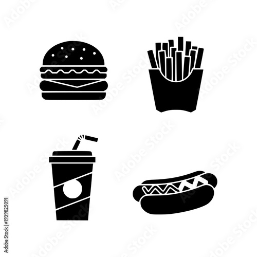 fast food icon set black glyph burger fries soda hotdog vector isolated on white