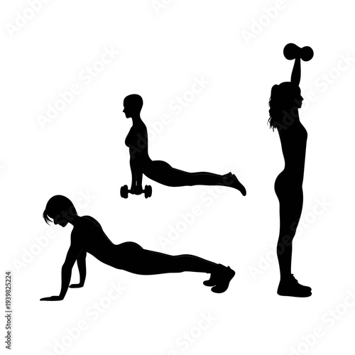 Women fitness workout silhouettes, push up and dumbbell exercise routine illustration