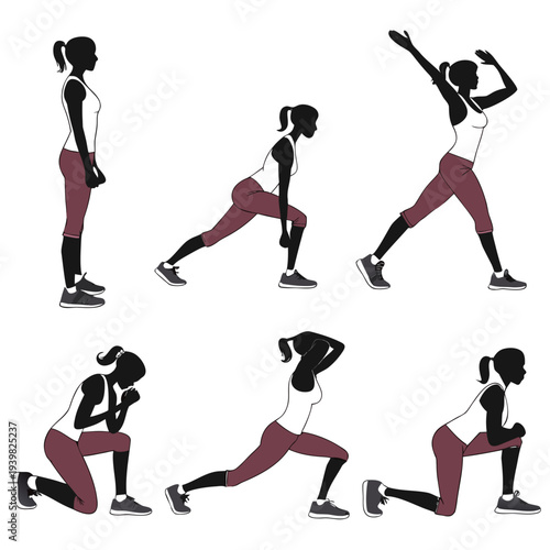 Woman stretching and warm up exercise set, fitness workout routine vector illustration