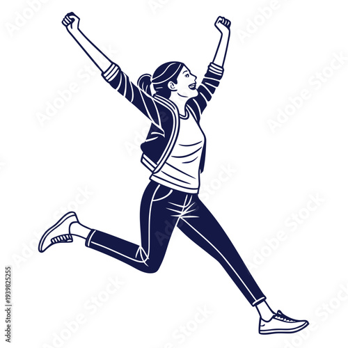 Young woman jumping in the air with arms raised in triumph and excitement