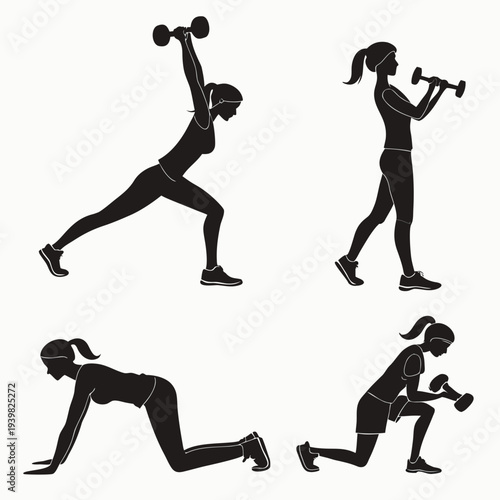 Four women engaging in dynamic fitness exercises with dumbbells