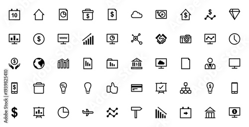 Business icon collection. Vector set of minimalist line icons including calendar, house, file, briefcase, cloud computing, analytics, money, globe, smartphone, light bulb, presentation and more.