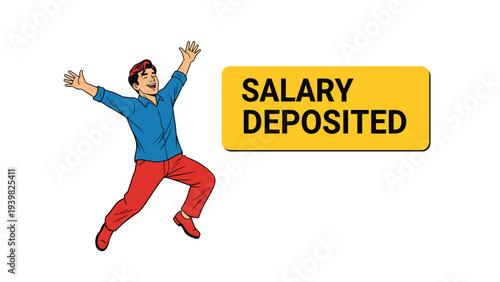 Joyful cartoon man celebrating salary deposit, financial happiness concept in pop art style