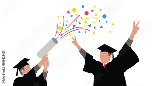 Graduates celebrating academic success with confetti cannon blast. Flat vector illustration of achievement and joy.