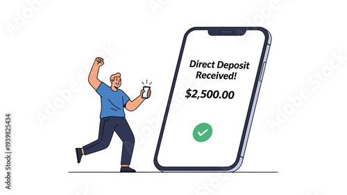 Excited man celebrating direct deposit received on smartphone. Mobile banking and financial success via online payment notification.