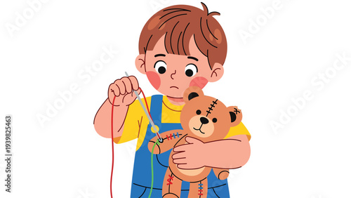 Young boy carefully sewing his beloved teddy bear with needle and thread, showing care and repair