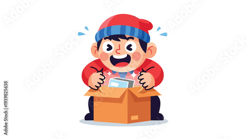 Excited Boy Unboxing Surprise Gift Box. Happy child discovering glowing present. Cartoon illustration.