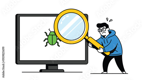 Stressed developer debugging software bug on computer screen with magnifying glass. IT professional finding error concept.