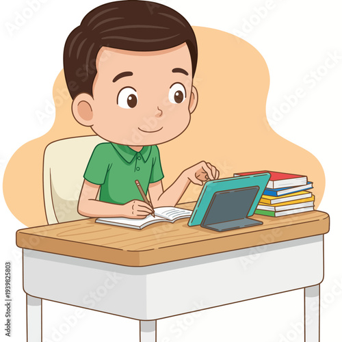 A cute illustration of a boy happily engaging with a tablet and books at a school desk, representing joyful learning and modern education for young students.