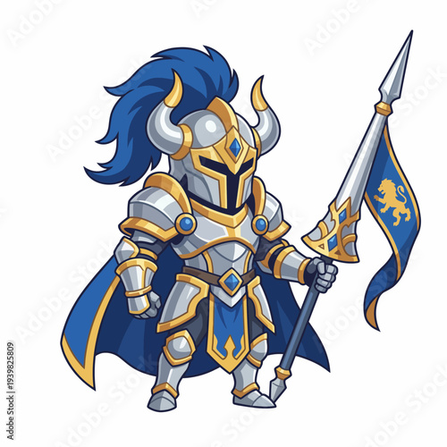 A cartoon-style knight in shining armor, holding a spear and flag, embodying bravery, chivalry, and fantasy adventure, suitable for games, illustrations, and themed projects.