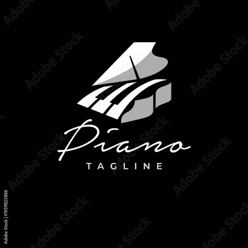 A sleek logo design showcasing a grand piano silhouette, combined with elegant typography that represents creativity, art, and passion for music and performance.