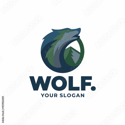 This logo features a stylized wolf with mountains and greenery, symbolizing strength, freedom, and connection with nature for brands focused on outdoor adventure and wildlife.