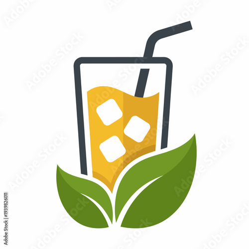 A colorful glass of drink featuring ice cubes and a straw, surrounded by green leaves, illustrating a refreshing, healthy, and organic beverage concept for a lifestyle image.
