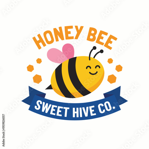A cheerful and colorful logo representation of a honey bee with a smiling face, suitable for branding a honey business or bee-related products.