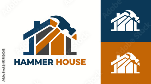 A modern logo design combining a hammer and house, symbolizing construction and home improvement services, ideal for contractors and builders looking to assert their identity.