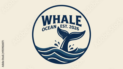 This artistic logo features a whale tail emerging from waves, framed by classic typography, representing marine life conservation and oceanic adventure.
