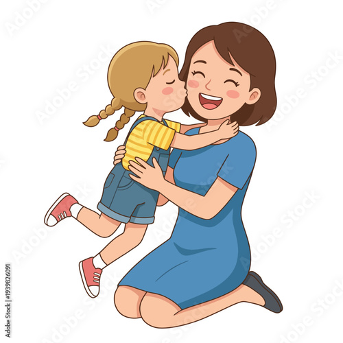 A heartwarming illustration of a mother joyfully hugging her child, encapsulating love, warmth, and the bonding experiences shared between family members.