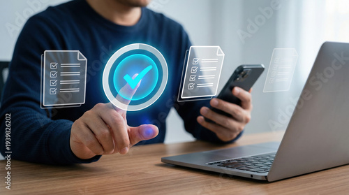 Wallpaper Mural Man Interacting with Digital Documents and Checkmark Icon for Online Approval or Task Completion Torontodigital.ca