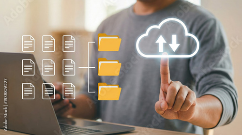 Wallpaper Mural Cloud Computing and Data Management: Man Interacting with Virtual Cloud Icon for Document Organization and File Transfer Torontodigital.ca