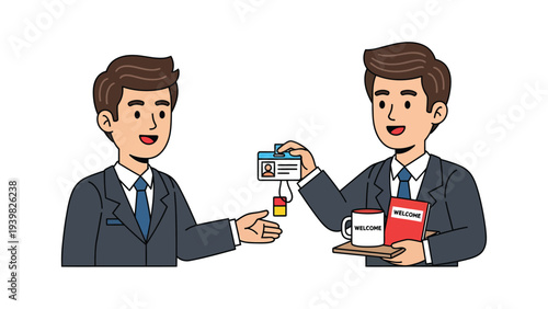 Business Onboarding: Professional Welcoming New Employee with ID Card and Welcome Kit