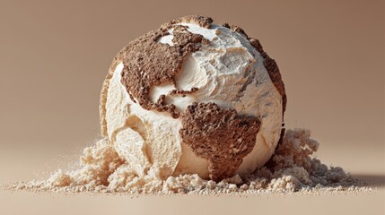 Earth-shaped ice cream melts on a beige surface with soft light and a simple setup conveying a clear message about indulgence and the planet