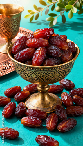 Wallpaper Mural Dates in an Ornate Golden Bowl on a Vibrant Blue Table with Green Leaves Torontodigital.ca