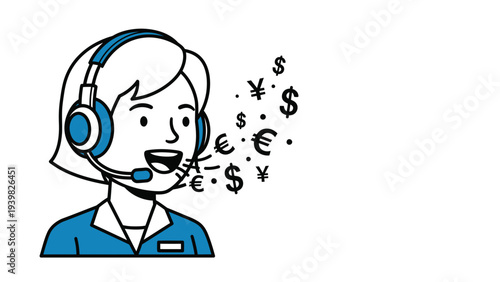 Call Center Agent Discussing Global Finance and Currency Exchange with Headset Illustration