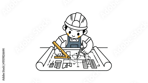 Cartoon Engineer Drawing Blueprint with Drafting Tools. Architectural Design & Construction Planning Character.