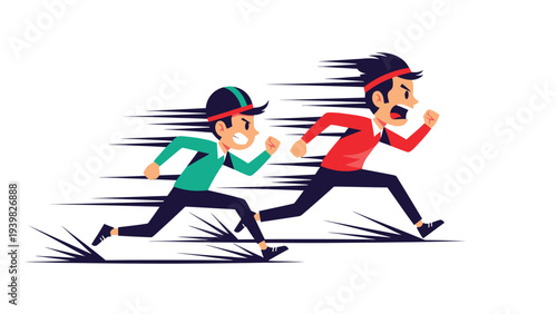 Competitive sprint race with two cartoon men running fast