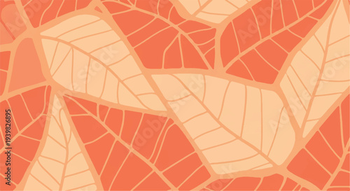 Abstract pattern of overlapping stylized leaves in warm orange and peach tones, organic design, natural texture background