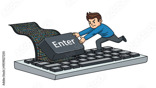 Man Pushing Enter Key on Keyboard with Digital Data Flow - Data Input & Processing Concept
