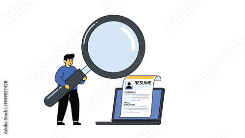 Job Application & Recruitment: Person with Magnifying Glass Reviewing Resume on Laptop Screen